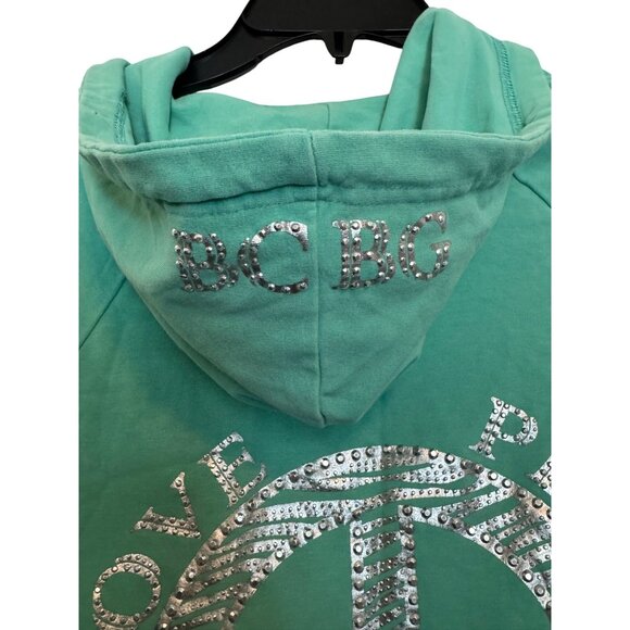 Vintage Y2K BCBG Max Azria Womens Medium Green Zip Hoodie Rhinestone Logo Cotton - Picture 6 of 7